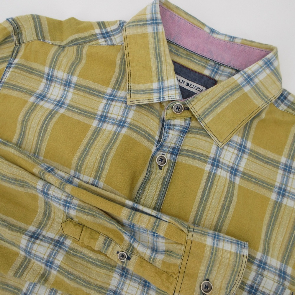 32 Bar Blues Mens Medium Plaid Button Down Shirt Yellow Blue Cotton Long Sleeve